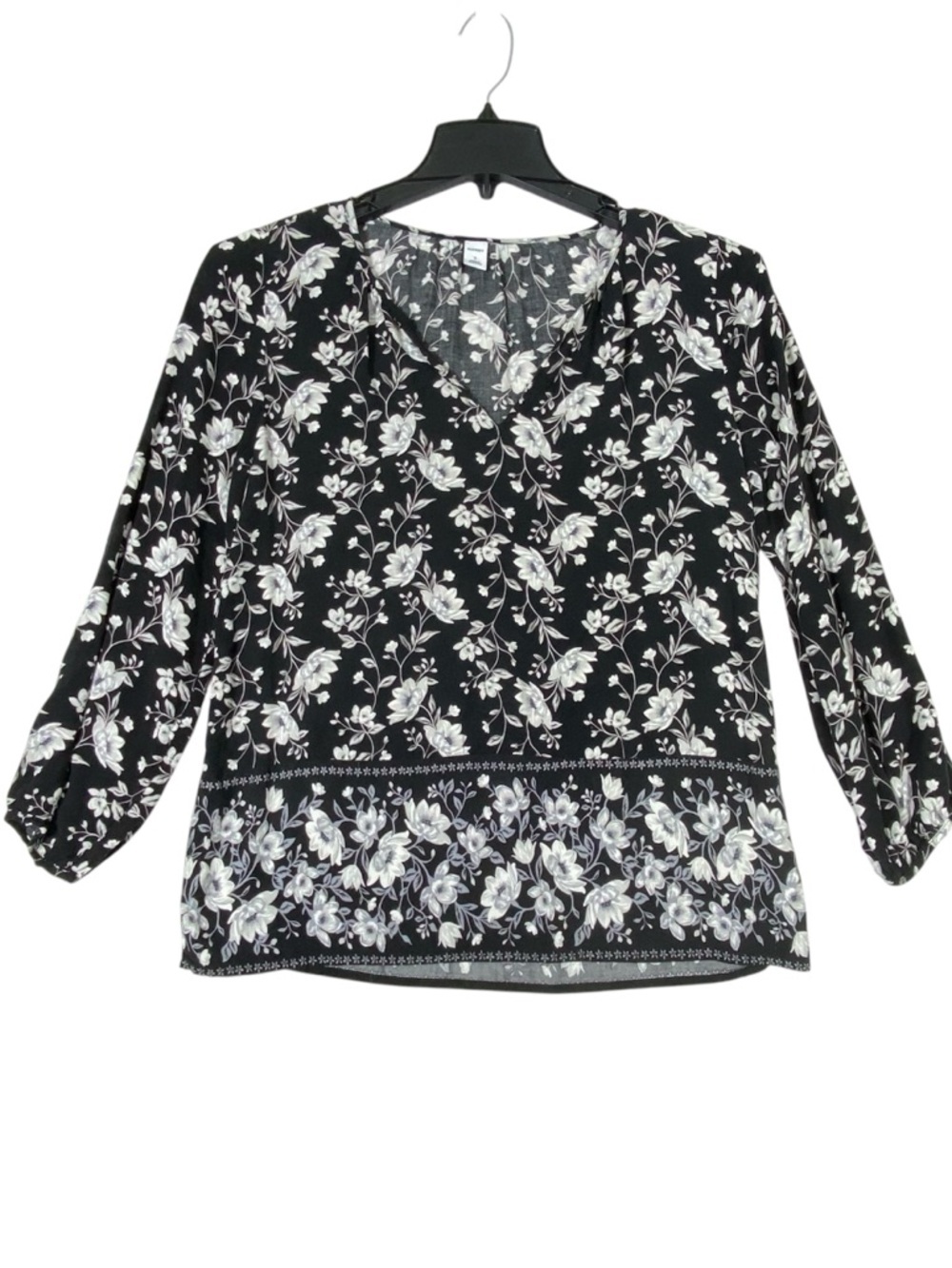 Old Navy Floral Blouse Womens S Black White V-Neck Long Sleeve Lightweight Flowy